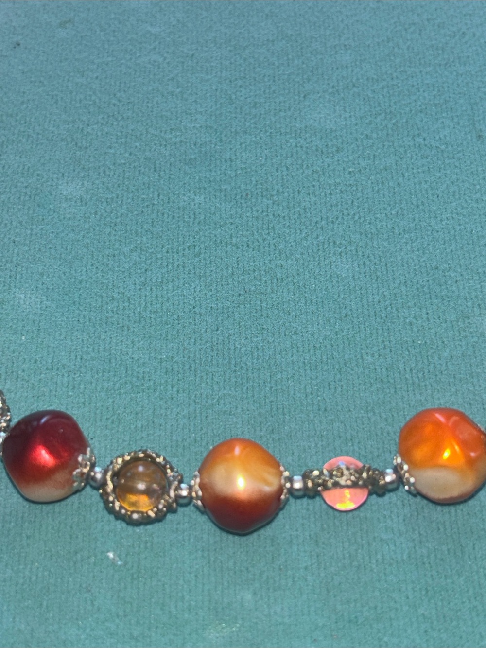 Marbled orange & red glass silver iridescent beaded statement necklace vintage - Picture 5 of 10